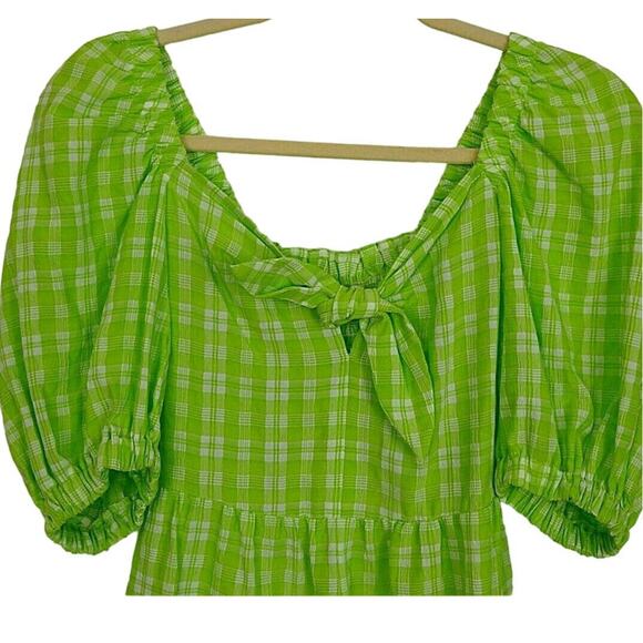 Topshop Ruched Bow Front Scoop Neck Puff Sleeve Romper US Size 2 Lime Plaid NWT - Picture 2 of 7